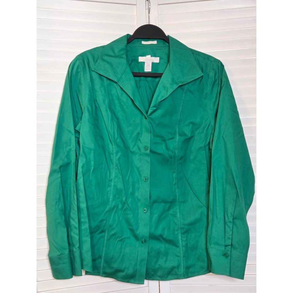 Chico's No-Iron Button Down Shirt Size 1.5 Green 100% Cotton Long Sleeve Blouse